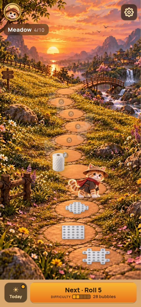PopSkip's home screen: a painted meadow at sunset with a stone path, a cat in a straw hat and red scarf walking it, finished sheets of bubble wrap on the stones behind and the next roll ahead, with a Next · Roll 5 button.